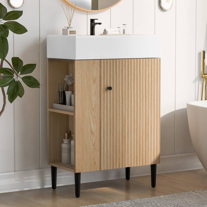 Bathroom Vanity with Sink, Freestanding Bathroom Vanity Cabinet, Storage Cabinet with Open Storage Shelf & Soft-Close Doors - Wood