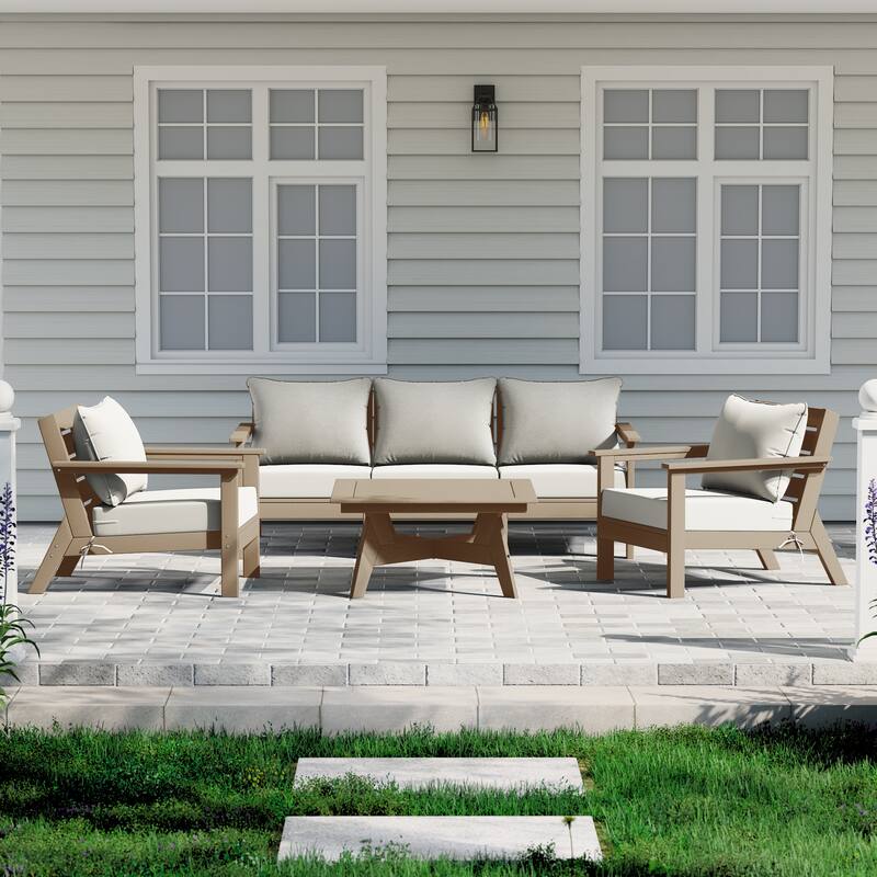 Birchwood All Weather HDPE Outdoor Patio Weathered Wood Deep Conversation Set (6-Piece Set) - Weathered Wood/White