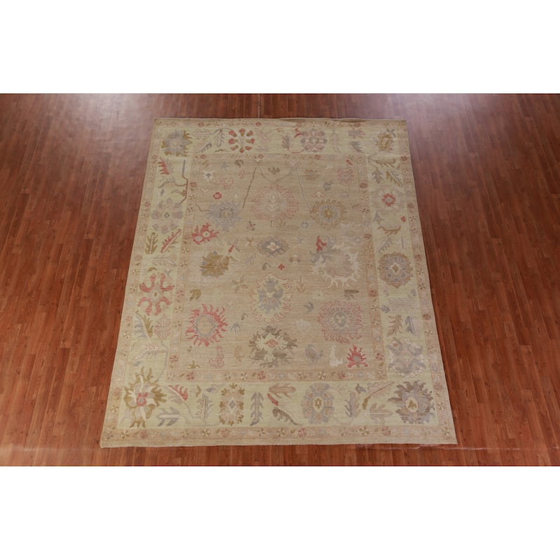 Vegetable Dye Oushak Turkish Rug Hand-Knotted Peach Floral Wool Carpet - 8'3" x 10'5"