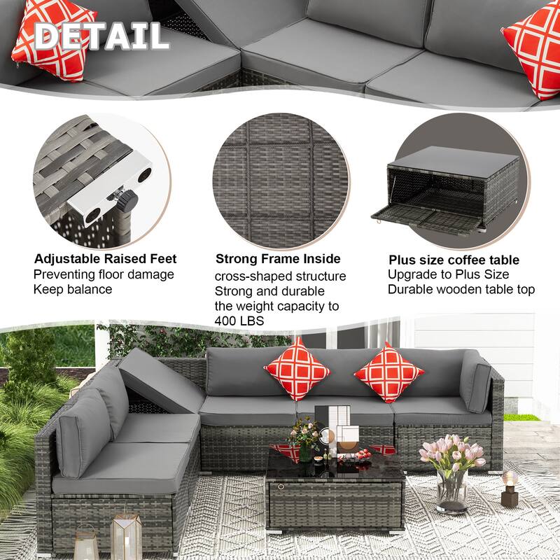 EROMMY 6/7 Piece Modular Outdoor Rattan Sofa Set, All-Weather Wicker Patio Furniture with Storage Table, Cushions & Pillows