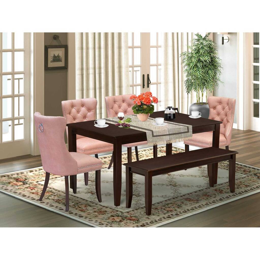 6 Piece Dining Set - Kitchen Table with 4 Chairs & Bench - Mahogany Finish