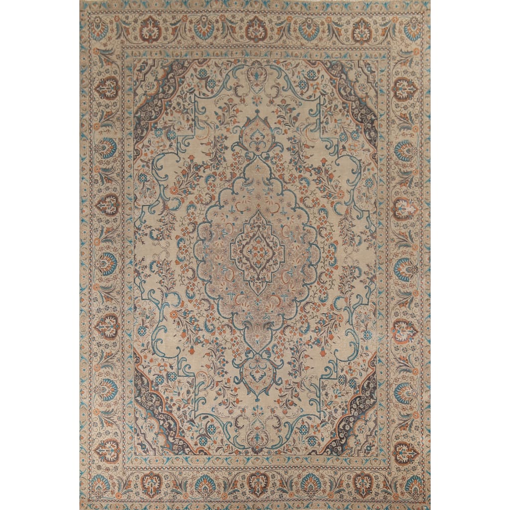 Tabriz Vintage Persian Area Rug Hand-Knotted Beige Floral Wool Carpet - 9'11" x 12'11"