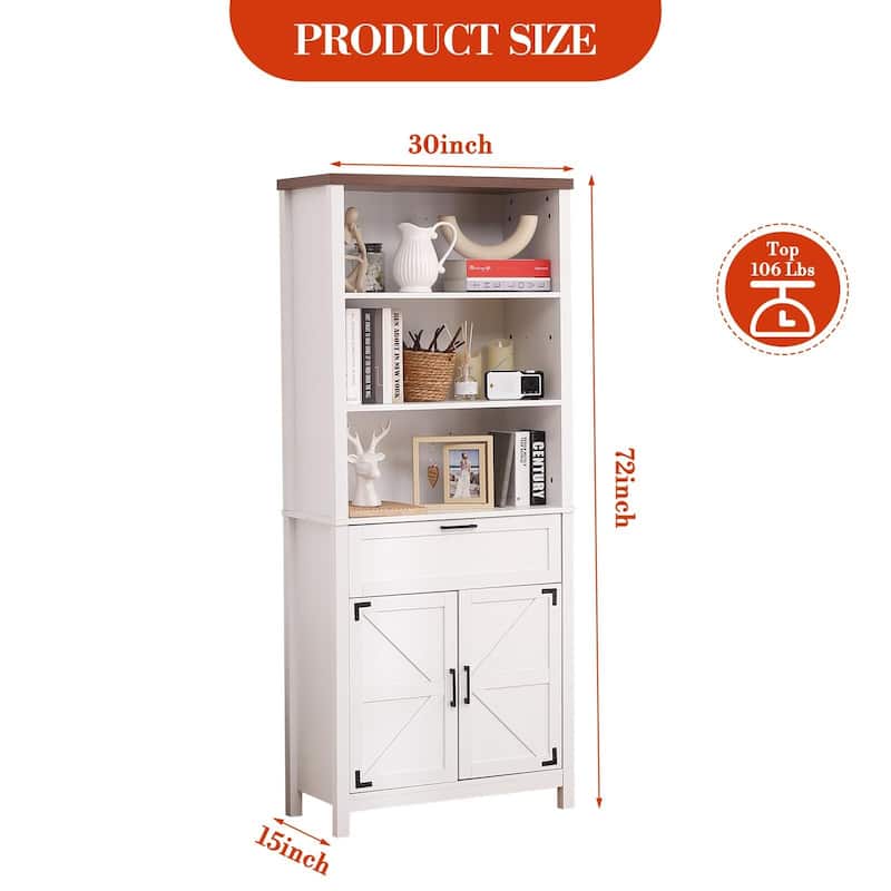 72 Inch Bookshelf Bookcase with Doors, 6-Tier Farmhouse Bookshelf with Cabinet and Drawer