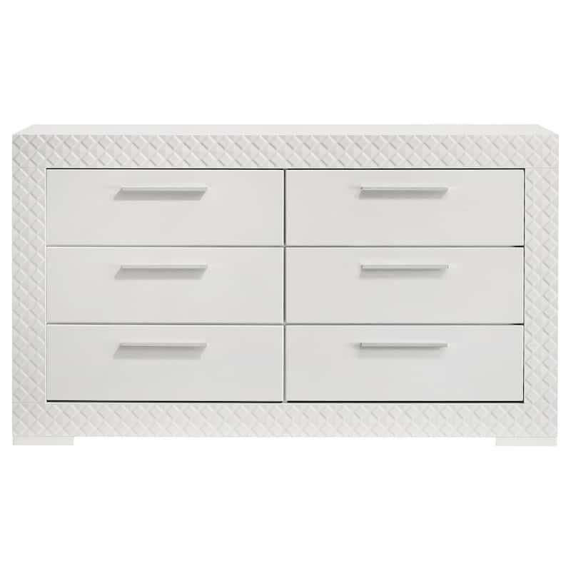Ivon Wide Dresser, 6 Drawers, Modern Glossy White Solid Hardwood