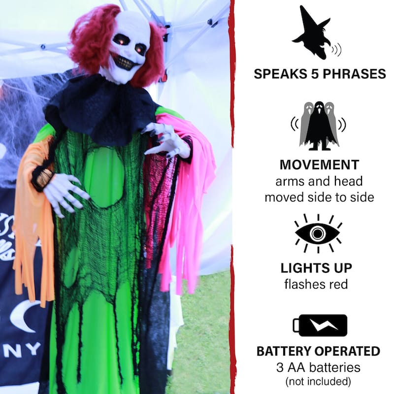 Life-Size Animatronic Clown with Lights and Sound, Indoor or Covered Outdoor Halloween Decoration