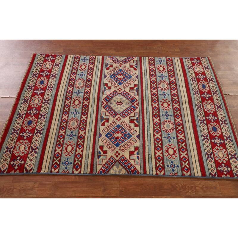 All-Over Geometric Kazak Oriental Accent Rug Hand-Knotted Wool Carpet - 3'5"x 4'10"