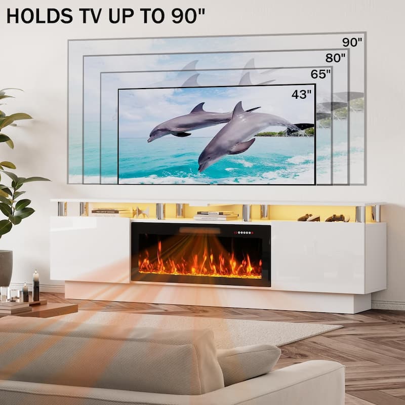 BOSSIN Modern 80" TV Stand with 36" Fireplace & LED Lights for TVs Up to 90", White with Golden Pillars, Storage Cabinets