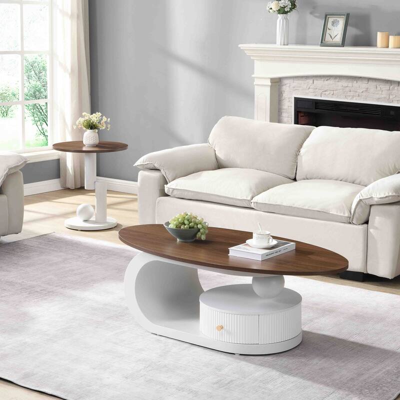 Luxury Nesting Coffee Table Set of 2, Tables with Storage for Living Room, Oval and Round Table Set