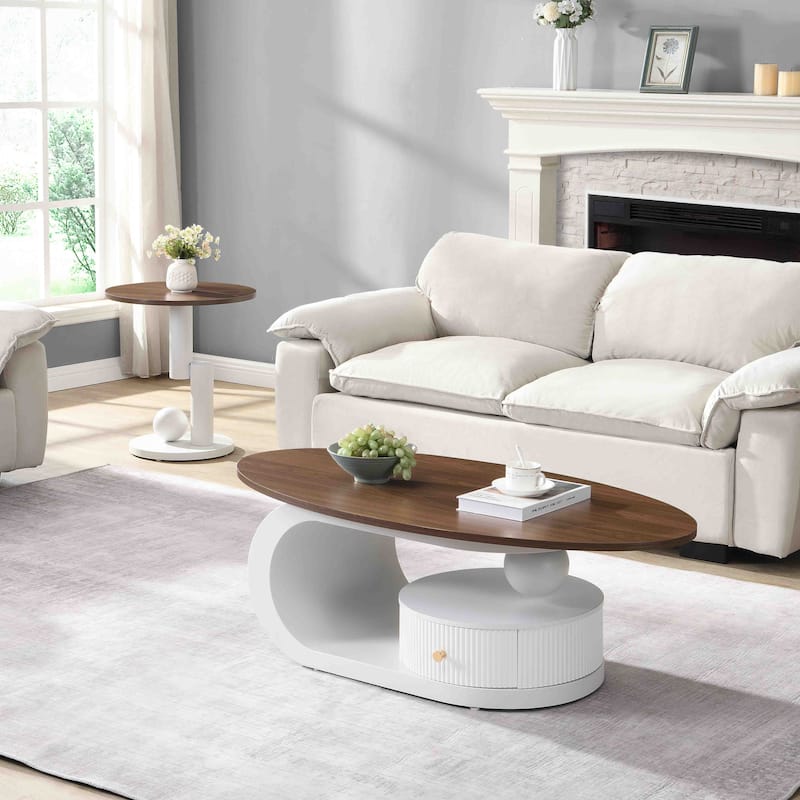 Nesting Coffee Table Set of 2, Wood Top Storage Center Table with Drawers, Oval Cocktail Table and Round Side Table Set