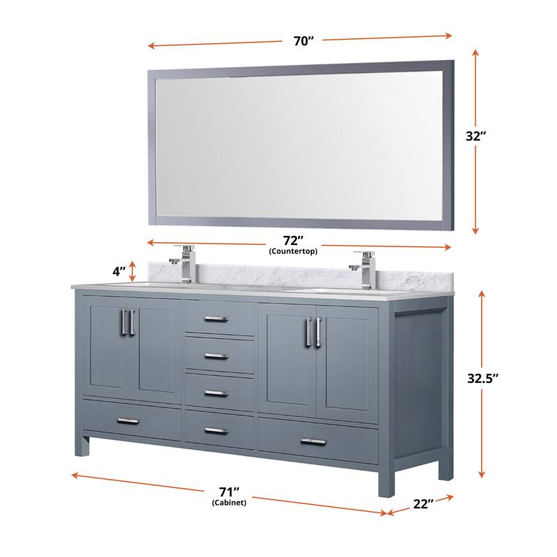 Jacques 72 in. W x 22 in. D Distressed Grey Double Bath Vanity, Carrara Marble Top, Faucet Set, and 70 in. Mirror