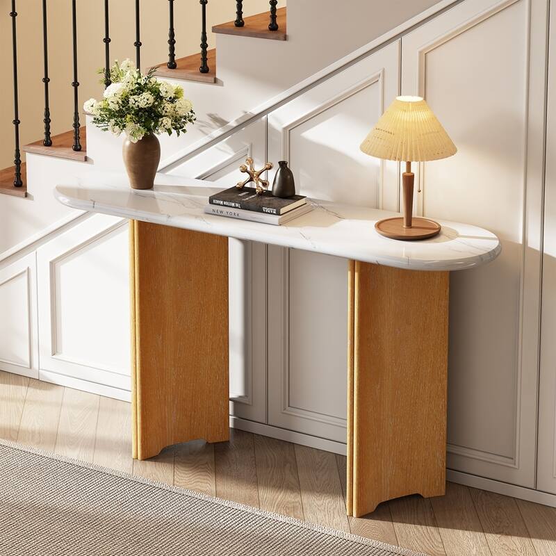Rustic Sofa Table Narrow Console Table with Oval Faux Marble Top - Natural