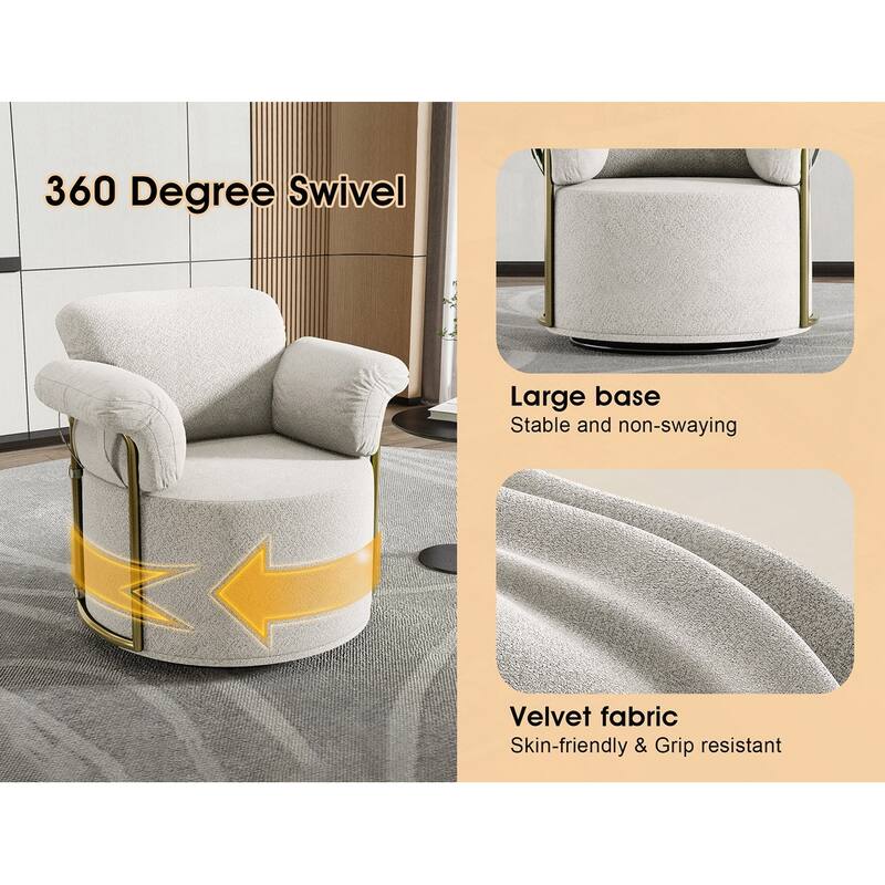 360 Degree Barrel Swivel Fluffy Fabric Lounge Wide Upholstered Reading Chair with Gold Metal Legs