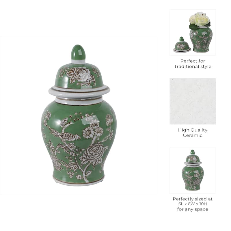 Ceramic Decorative Temple Jar Bird Flower with Lid for Home Decor