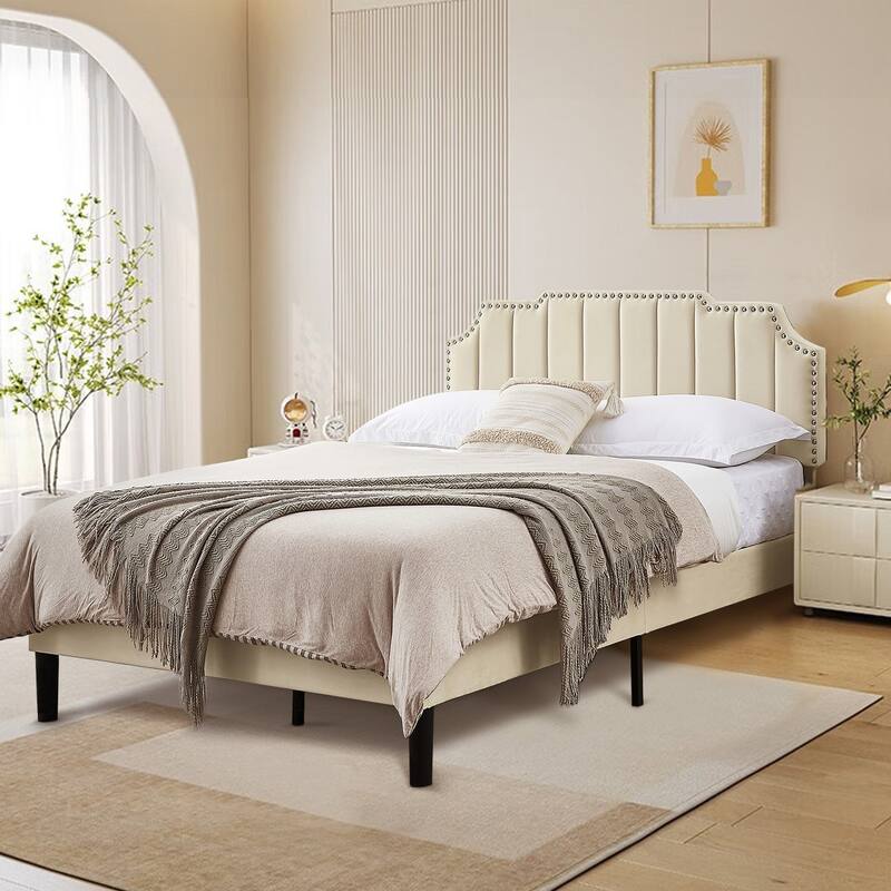 VECELO Upholstered Bed Frame with Nailhead Trim Adjustable Height Headboard, Twin/Full/Queen Size Bedframes