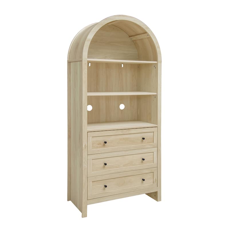 Roomfitters Arched Kitchen Pantry Cabinet, Modern Farmhouse Wood Storage Cabinet with 3 Drawers and Adjustable Shelves, Natural