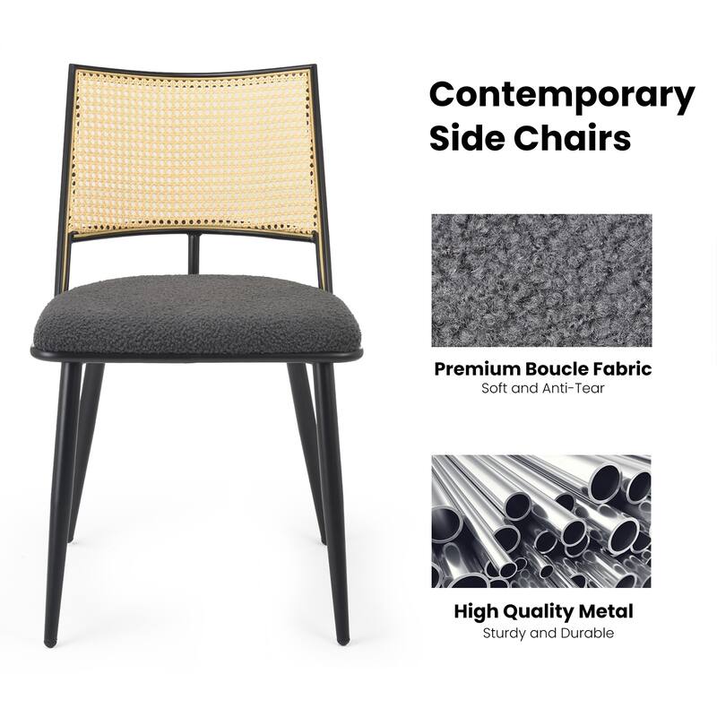Dining Chairs Set of 2, Mid-Century Modern Kitchen Chairs with Rattan Backrest & Metal Frame, Boucle Upholstered Accent Chairs
