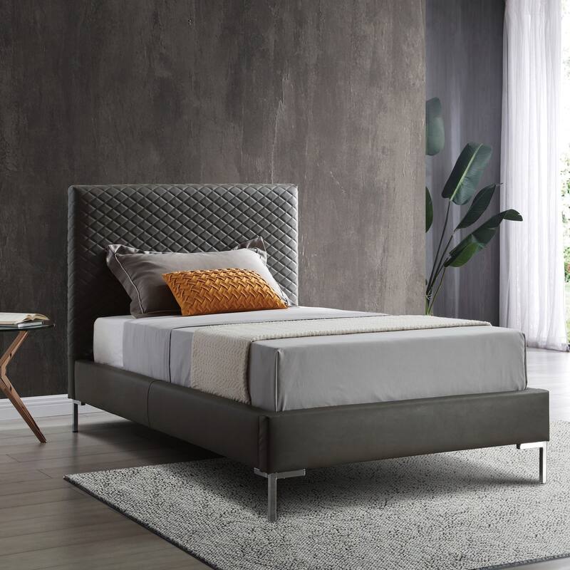 Twin Bed Frame Upholstered Dark Gray Faux Leather Chrome Legs Modern Bedroom Furniture