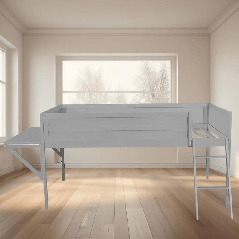 Wooden Twin and Full Gaming Loft Platform Bed Frame with Built-in Desk, Storage, and LED Lights, Perfect for eSports Setup - Grey - Full