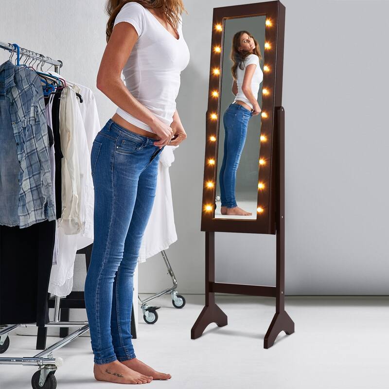 LED-Lighted Standing Jewelry Armoire Storage Cabinet with Full Length Mirror - 14" x 12.5" x 57" (L x W x H)