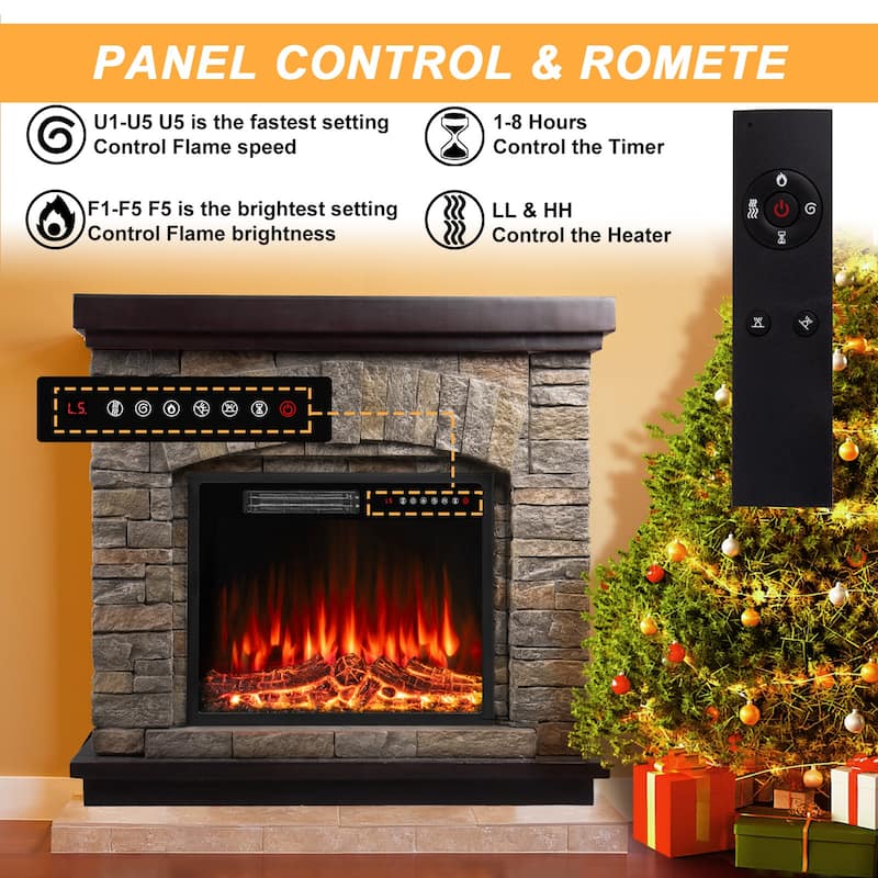 BOSSIN 36" /40" Electric Fireplace with Mantel, 23 inch Electric Fireplace Insert, TV Stand Freestanding Heater Flame Faux Stone