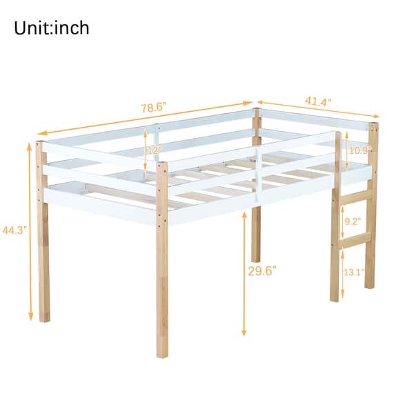Twin Size Rubber Wood Loft Bed with Wide Ladder and Guardrails, Low Height Platform with Strong Slats for Kids or Teens