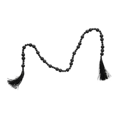Acacia Wood Bead Garland with Raffia Tassel - Black - 1.0"L x 1.0"W x 45.0"H