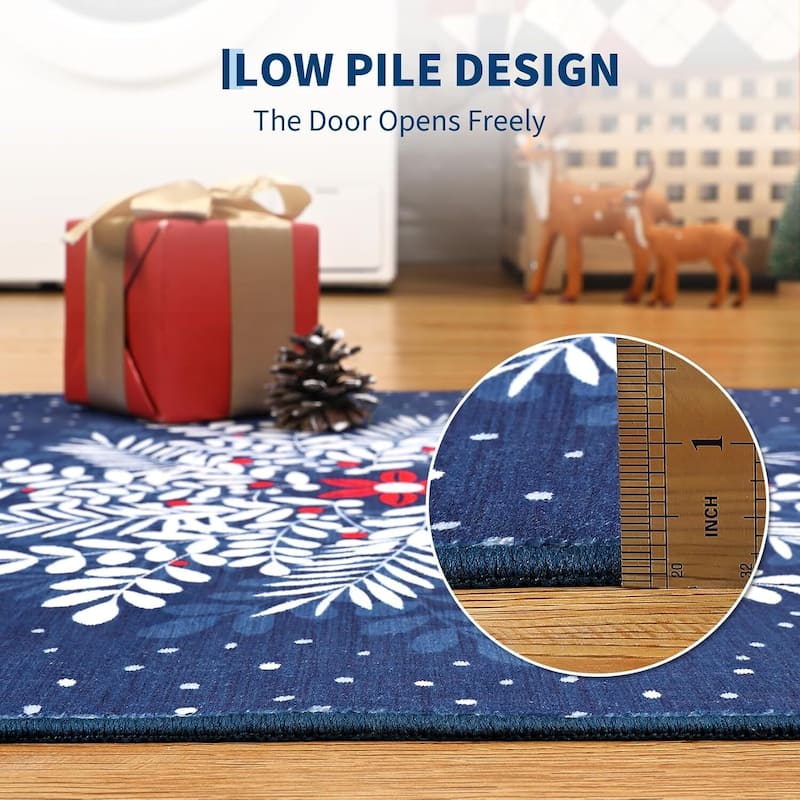 Christmas Snowflake Washable Area Rug, Floor Carpet for Holiday Decor, Blue