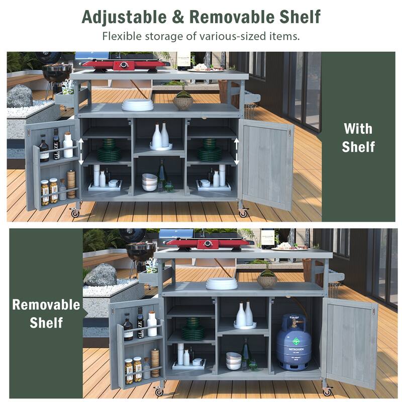 Chichoice Farmhouse Outdoor Kitchen Island with Stainless Steel Top on Wheels - Rolling Grill Cart with Storage for BBQ - N/A