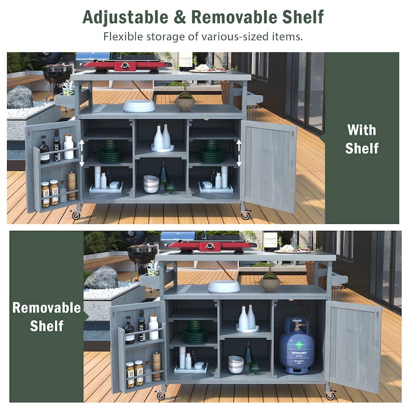 Outdoor Kitchen Island, Rolling Bar Cart & Storage Cabinet,Solid Wood Grill Table with Stainless Steel Top,Spice Rack,Towel Rack