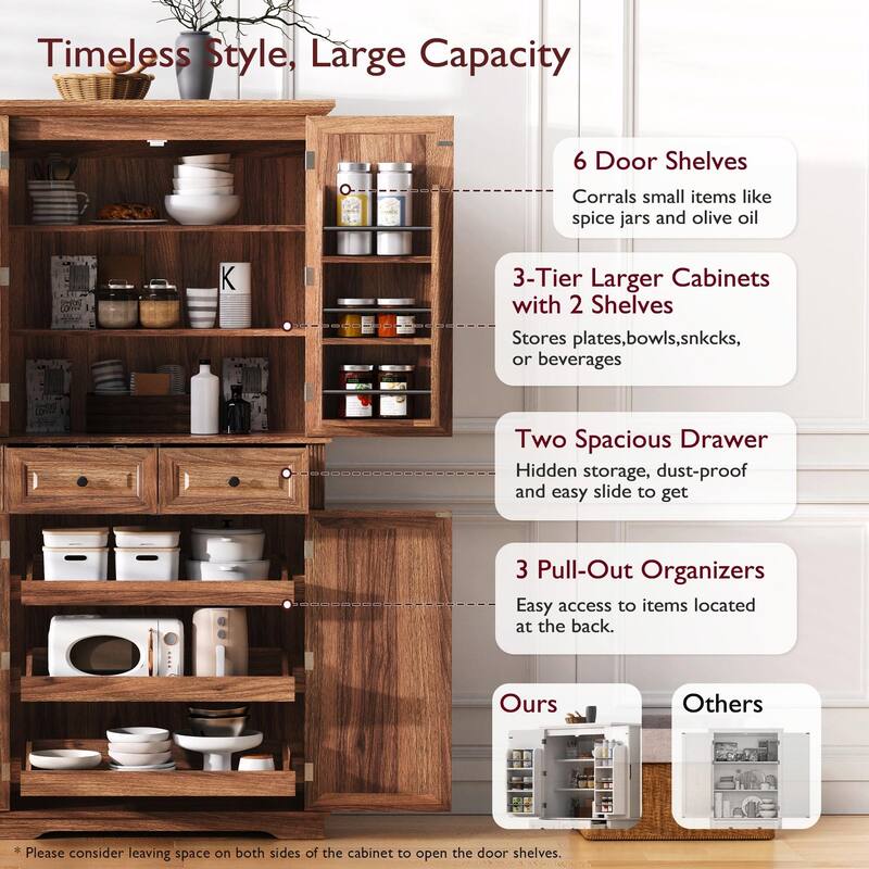 71" Tall Kitchen Pantry Cabinet with 3 Pull-Out Cabinet Organizers