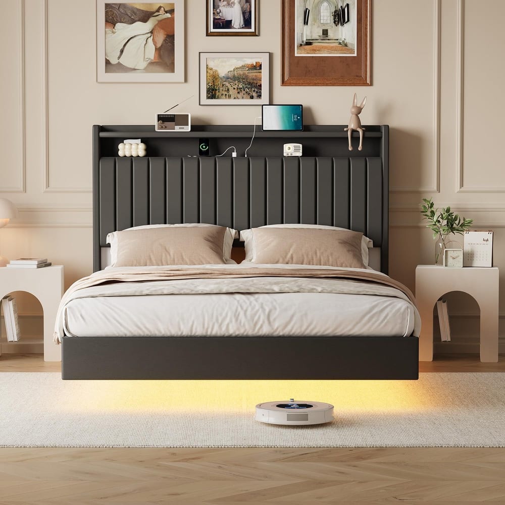 Floating Bed Frame, with LED Lights & Charging Station