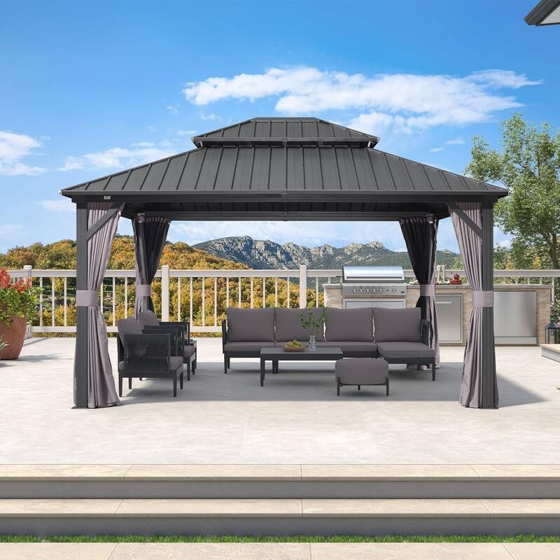 PURPLE LEAF Gazebo Outdoor Gazebo with Dual-Layer Galvanized Steel Double Roof Aluminum Gazebo with Netting and Curtains Grey