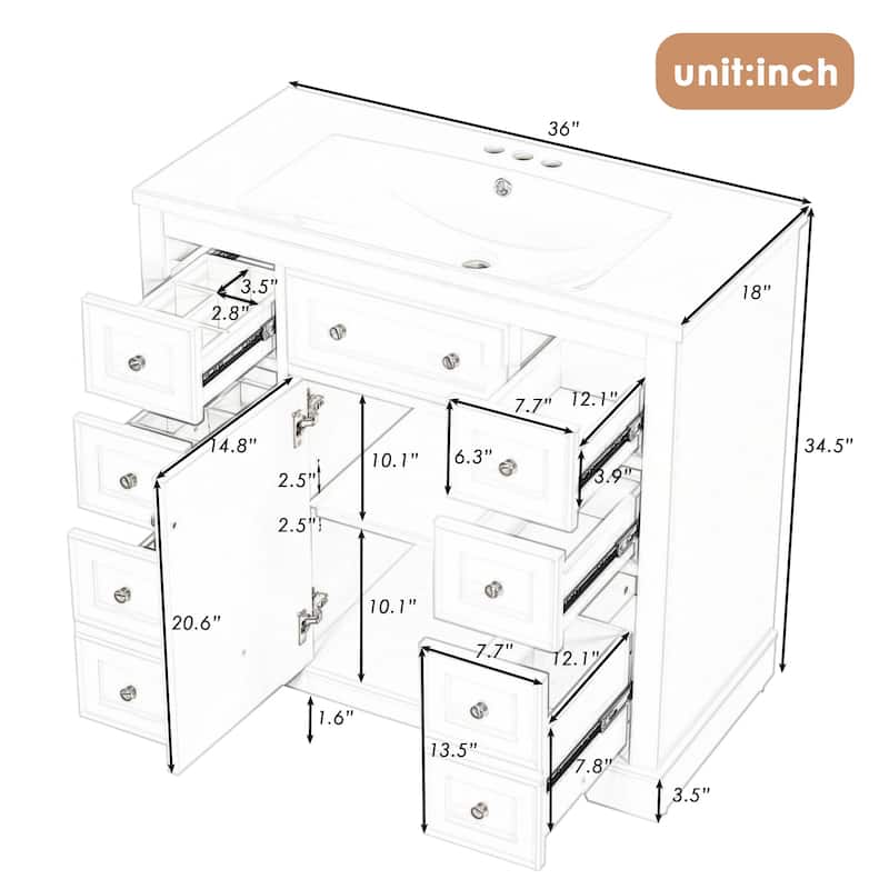 36 Inch Freestanding Bathroom Vanity Set with Drawers and Ceramic Sink