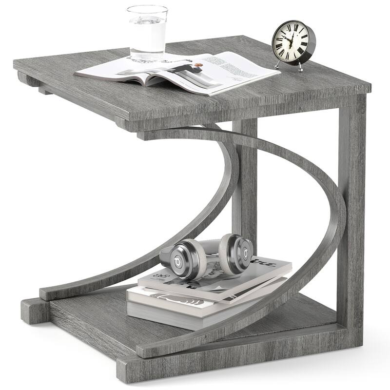 Gymax 24'' Side End Table w/ Storage Shelf & Rubber Wood Frame for - Grey - Wood