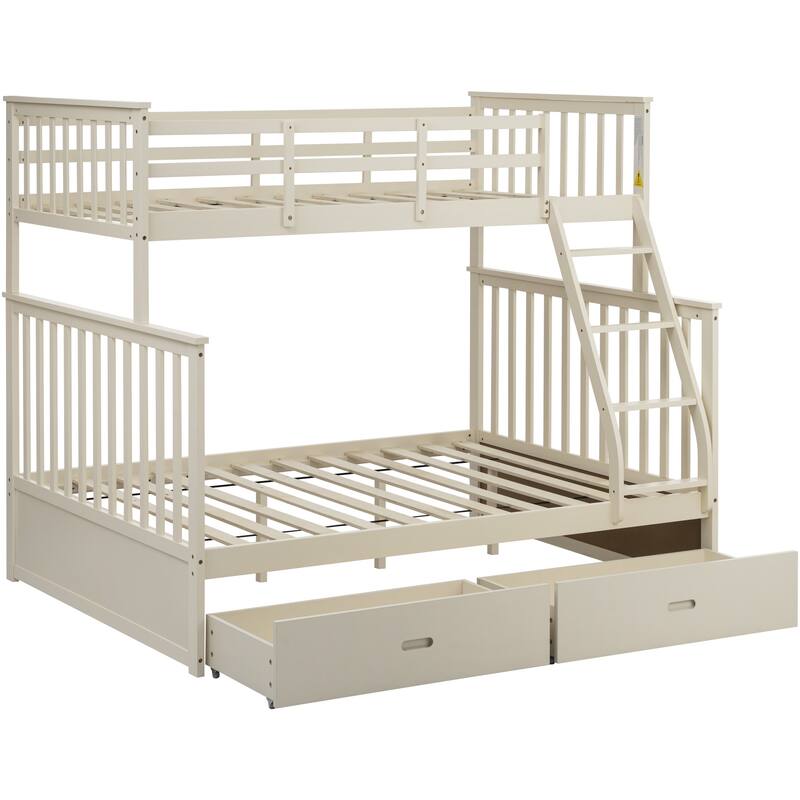 Twin Over Full Bunk Bed with Storage Drawers, Wooden Bunk Bed with Ladder and Safety Guard Rails -Cream