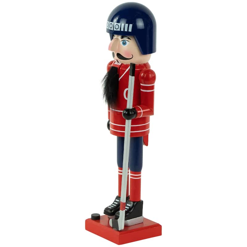 14" Blue and Red Wooden Christmas Ice Hockey Player Nutcracker
