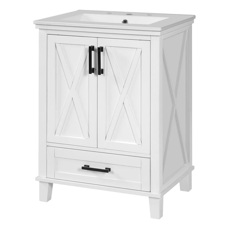Bathroom Vanity with Sink, Bathroom Wooden Storage Cabinet, Free Standing Bathroom Vanity with Divided Drawer & Double Shelf