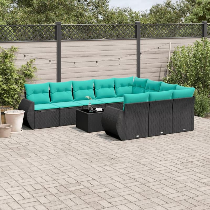 vidaXL 10 Piece Patio Sofa Set with Cushions Black Poly Rattan - 28 x 24.4 x 27.2-With table