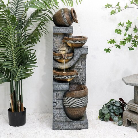 5-Tier Outdoor Faux Stone Water Fountain with LED Lights