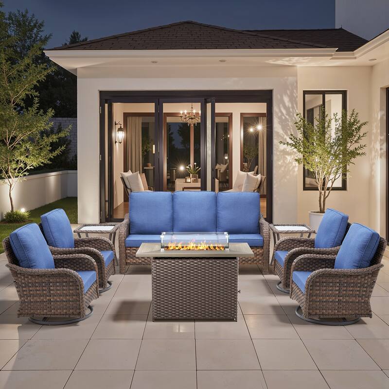 Pocassy Patio Funiture Sofa Swivel Chairs Ottoman with Fire Table Set - Blue Cushion - Brown Wicker - 8-Piece Sofa Swivel Chair with Fire Pit Table