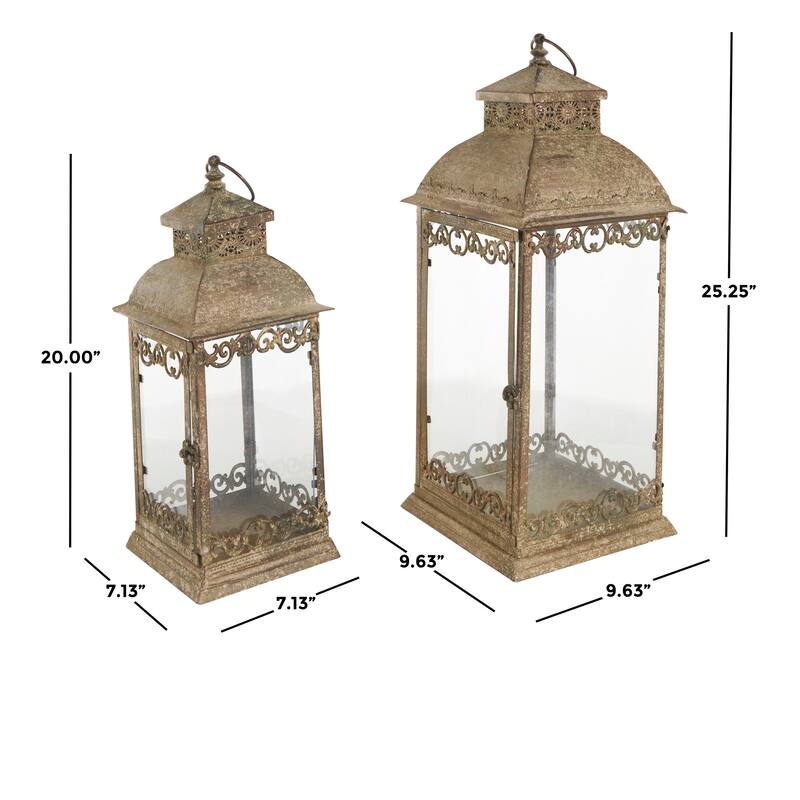 Brown Metal Distressed Vintage Inspired Ornate Scroll Indoor Outdoor Candle Lantern (Set of 2)