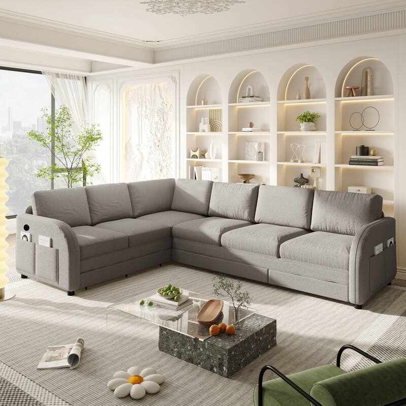 Sectional Sleeper Sofa with Pull Out Bed, Convertible Teddy Fabric Couch with Side Pockets & USB Ports, L Shaped Modular Couches