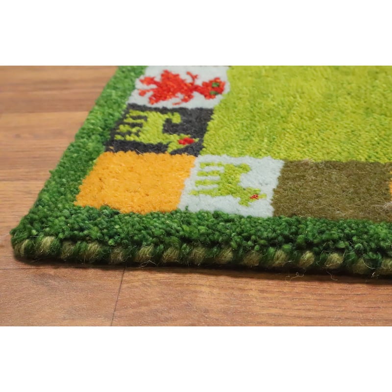 Hand Knotted Oriental 100% Wool Carpet Tribal Animal Pictorial Green Gabbeh Area Rug - 1' 4'' X 1' 4''
