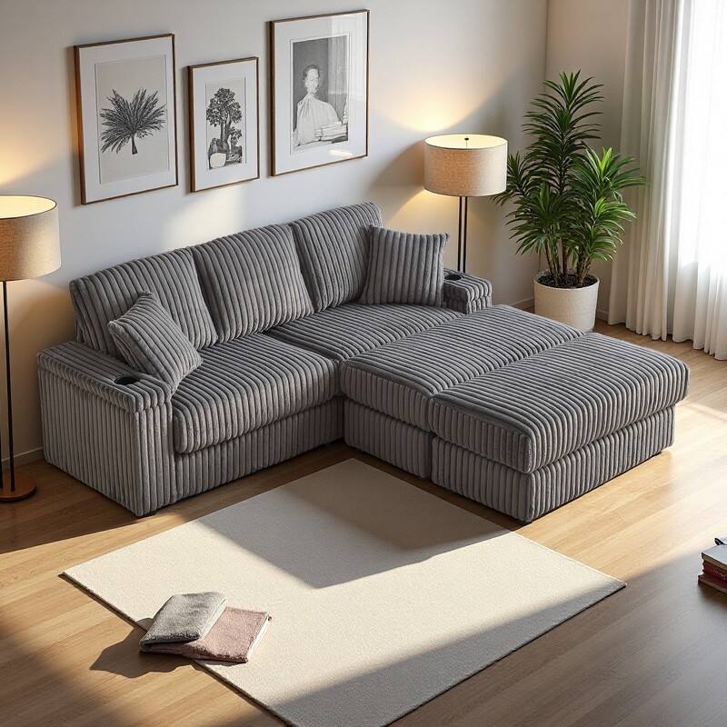 84" Corduroy 3-Seater Sofa with Storage, Ottoman and Cup Holders, Includes 5 Pillows - Grey