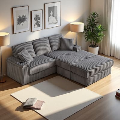 84" Corduroy 3-Seater Sofa with Storage, Ottoman and Cup Holders, Includes 5 Pillows