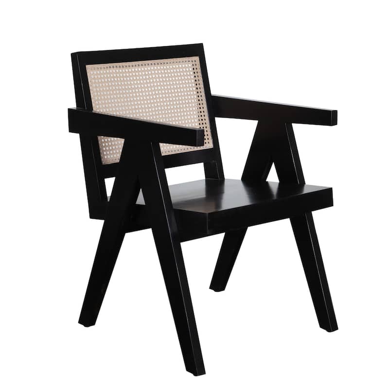 Kato Dining Armchair, Cane Backrest, 24 Inch, Black Solid Mango Wood