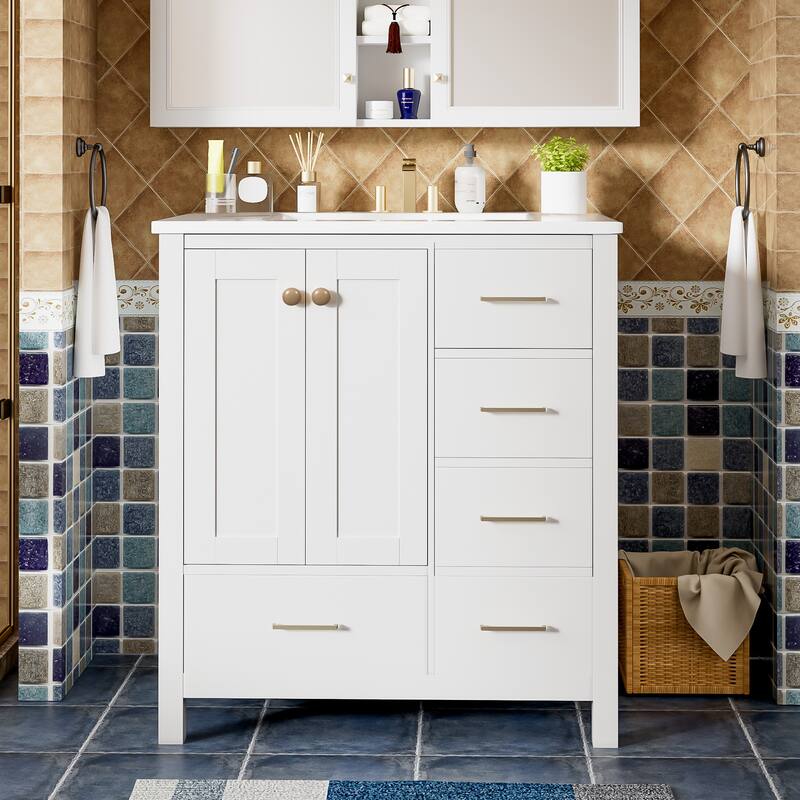 Roomfitters 30" Vanity with Ceramic Sink, Freestanding Cabinet with 4 Drawers and Soft Closing Doors, White