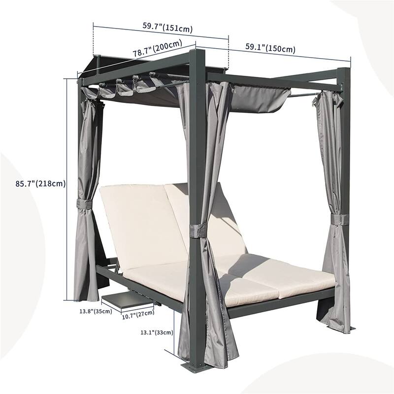 Aluminum Outdoor Patio Daybed with Retractable Canopy Bed, Double Chaise Lounge