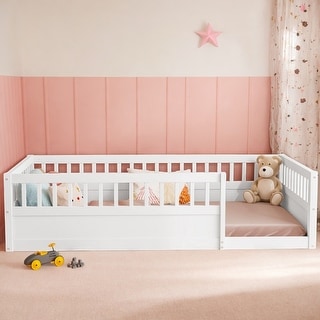 Twin Wooden Floor Bed Frame with Safety Fence, Low to Ground Design for Kids' Bedroom & Playroom, Easy Assembly, White