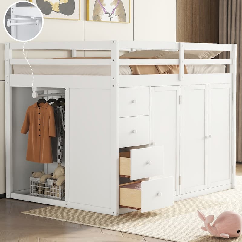 White Full Size Loft Bed with Built-in Wardrobes and Staircase, Space-Saving Design